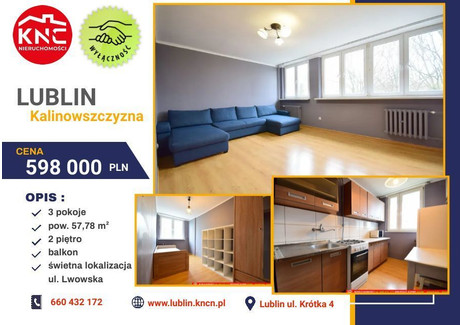 Mieszkanie na sprzedaż - Lwowska Kalinowszczyzna, Lublin, 57,78 m², 598 000 PLN, NET-428/13924/OMS