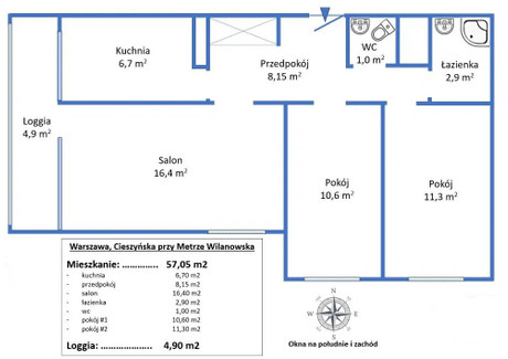 Mieszkanie na sprzedaż - Cieszyńska Górny Mokotów, Mokotów, Warszawa, 57,05 m², 820 000 PLN, NET-2664