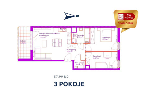 Mieszkanie na sprzedaż - Centralna Czyżyny, Kraków-Nowa Huta, Kraków, 57,99 m², 795 000 PLN, NET-271983